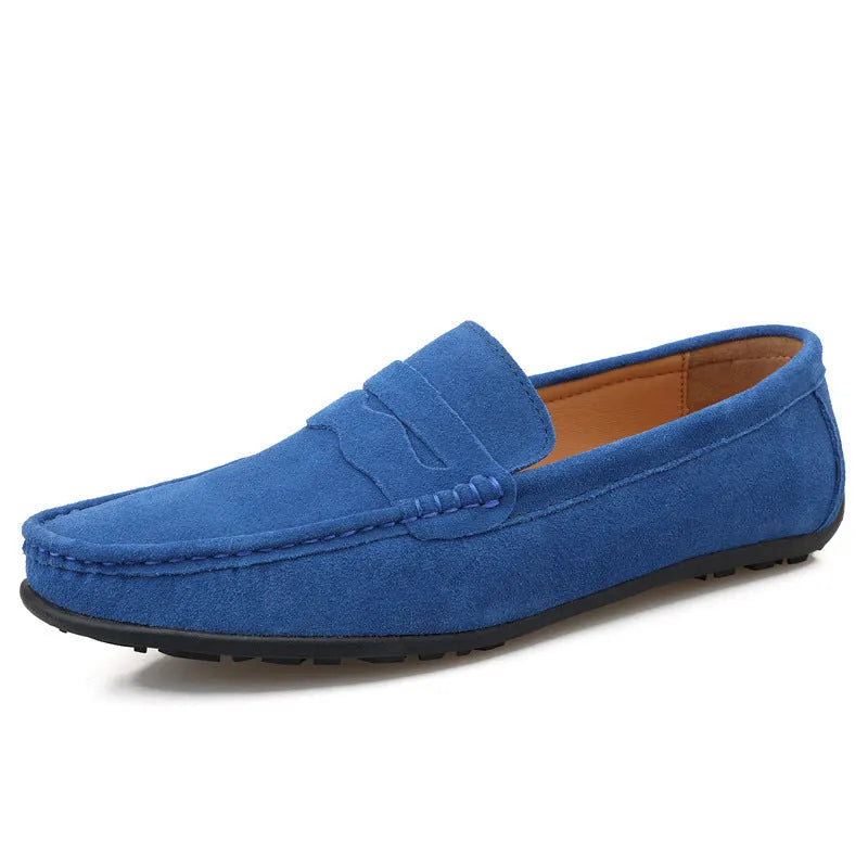 Men's brown suede loafers with round toe and flat rubber sole
