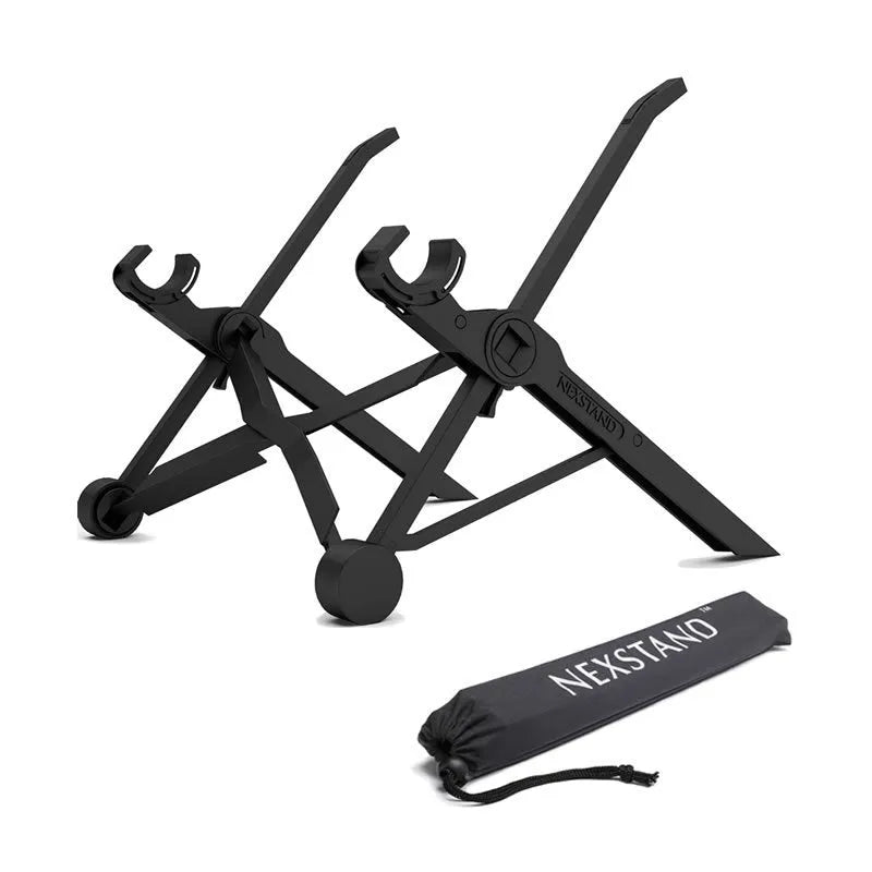 Sagacious black folding laptop stand with carrying case, shown open and closed