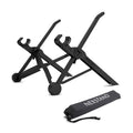 Sagacious black folding laptop stand with carrying case, shown open and closed