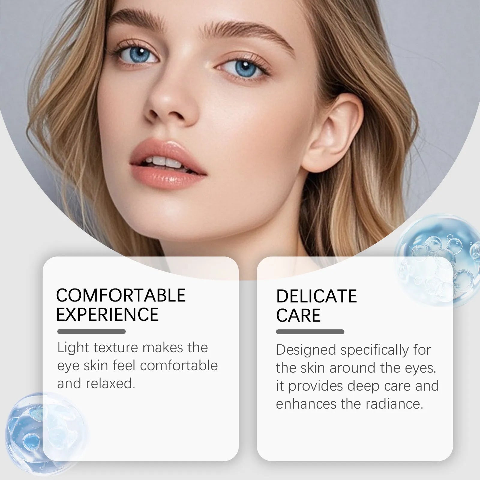 Moisturising and nourishing eye cream tube, 20g net weight, 3x13.3cm size.