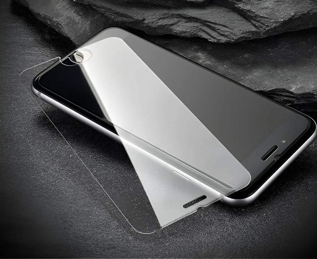 Tempered glass screen protector with 9H hardness for smartphone display.