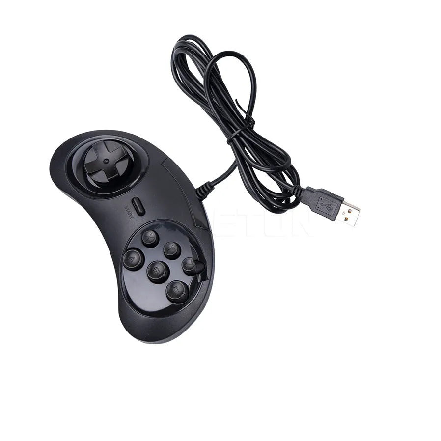 Black Sega USB wired PC game controller with 1.8 metre cable on a white background