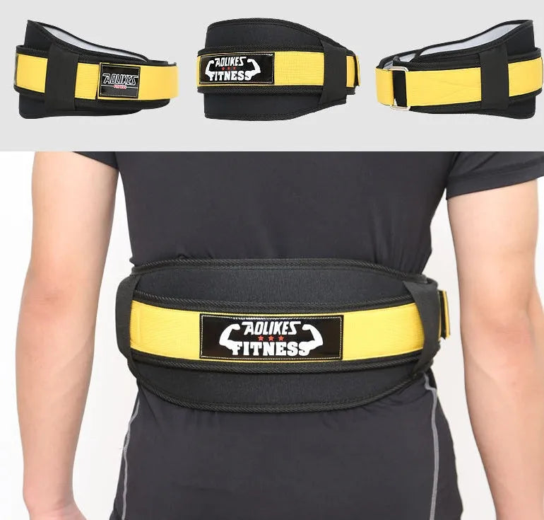 Nylon fitness weightlifting waistband for adults in black, red, or yellow on a gym background.
