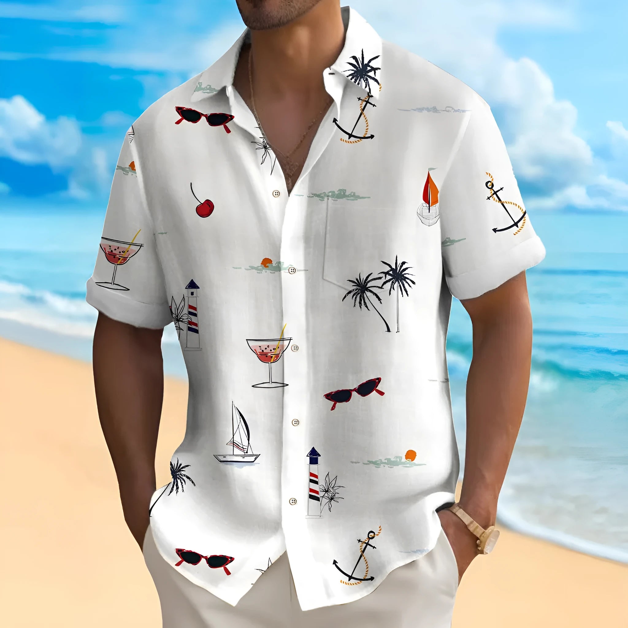 Men's loose-fit Hawaiian shirt with colourful digital print pattern on polyester fabric.
