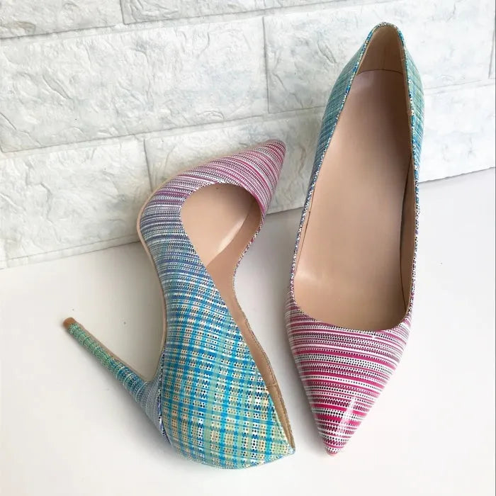 Pink and blue gradient patent leather women's high heels with a pointed toe.