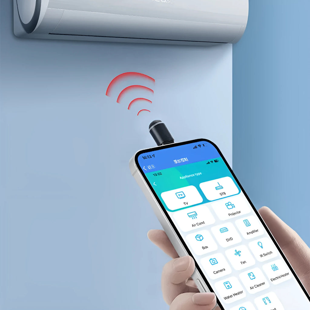 Small black capsule infrared remote control emitter for smartphone with Lightning, Type-C, or Micro-USB connector