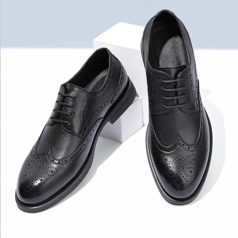 Men's black and brown brogue Oxford-style formal shoes with classic perforated detailing.