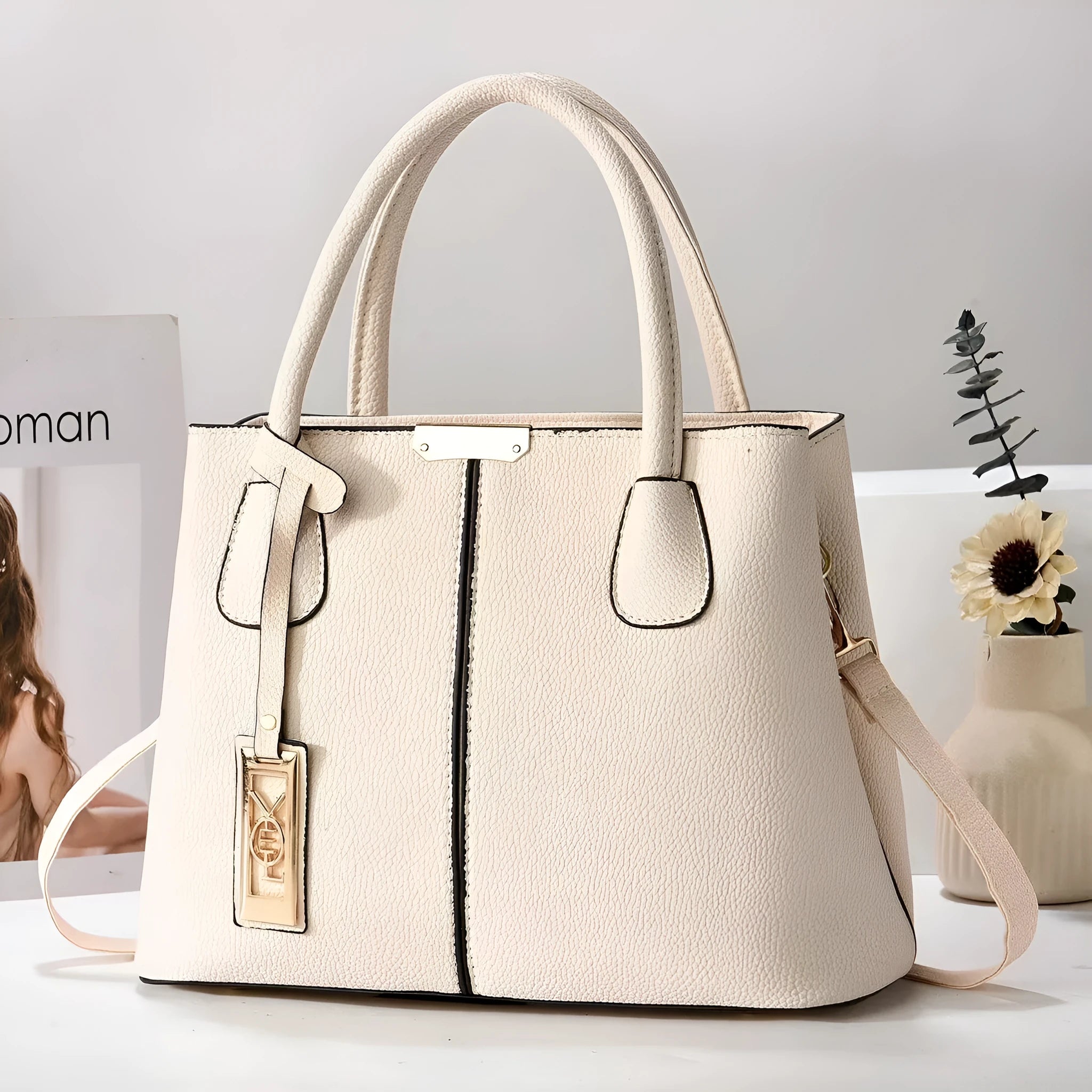 Women's large capacity PU shoulder bag with leather strap in horizontal square shape