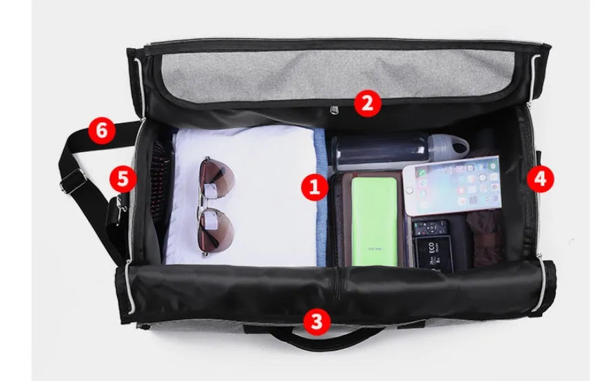Medium cylindrical travel bag in red, light grey, blue, or black with waterproof Oxford cloth and zipper pocket.