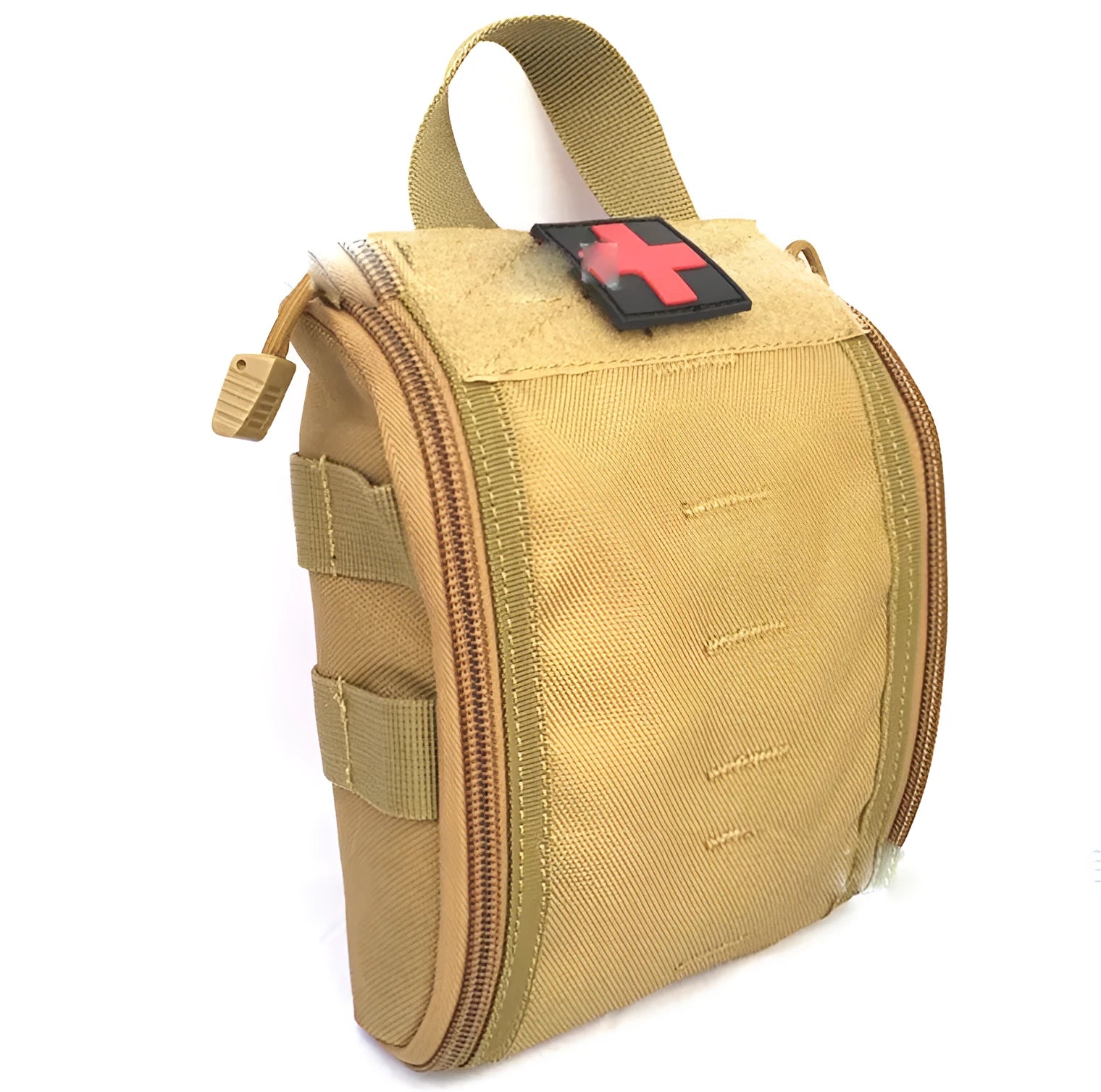 Tactical medical kit open to show sterile dressings, bandages, thermometer, ice pack, and medicines including cooling oil.