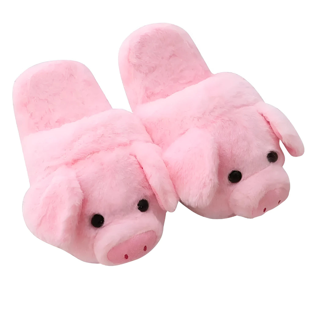 Pink adult pig floor slippers with short plush fabric and PP cotton filling.