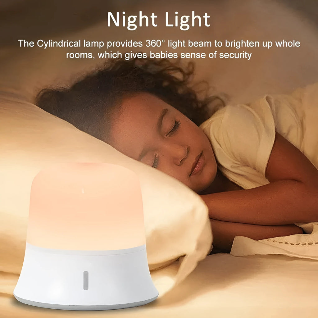 White bedside nursing night light with touch controls showing dimming and colour options