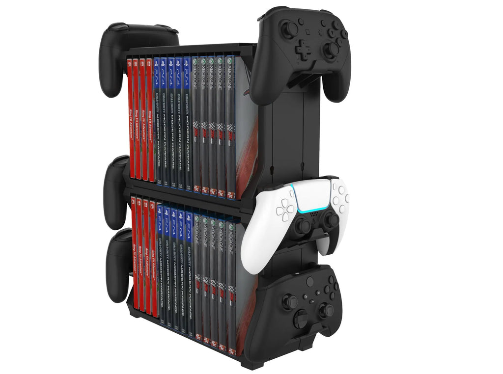 Black PS5 disc holder for multiple consoles with controller stand slots