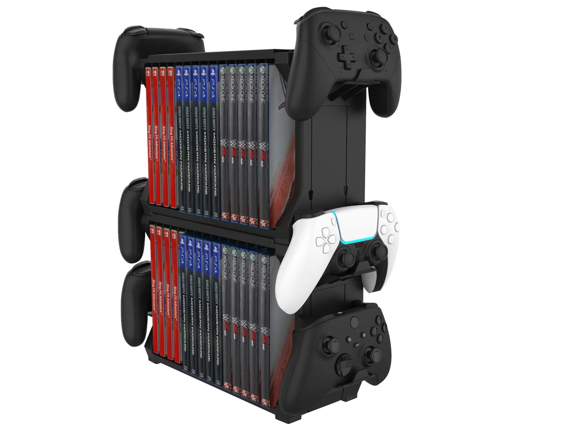 Black PS5 disc holder for multiple consoles with controller stand slots