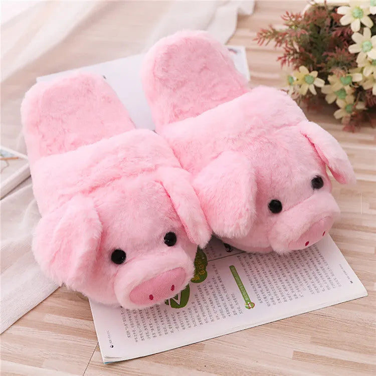 Pink adult pig floor slippers with short plush fabric and PP cotton filling.