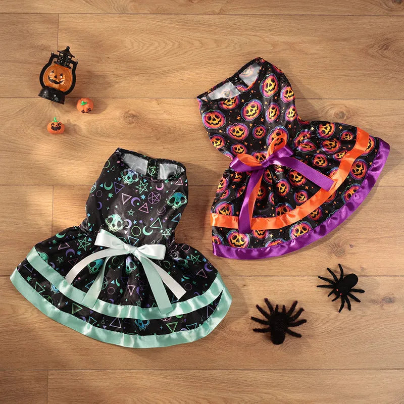 Halloween dog costume skirt in colourful pumpkin or skull patterns with double-layer construction