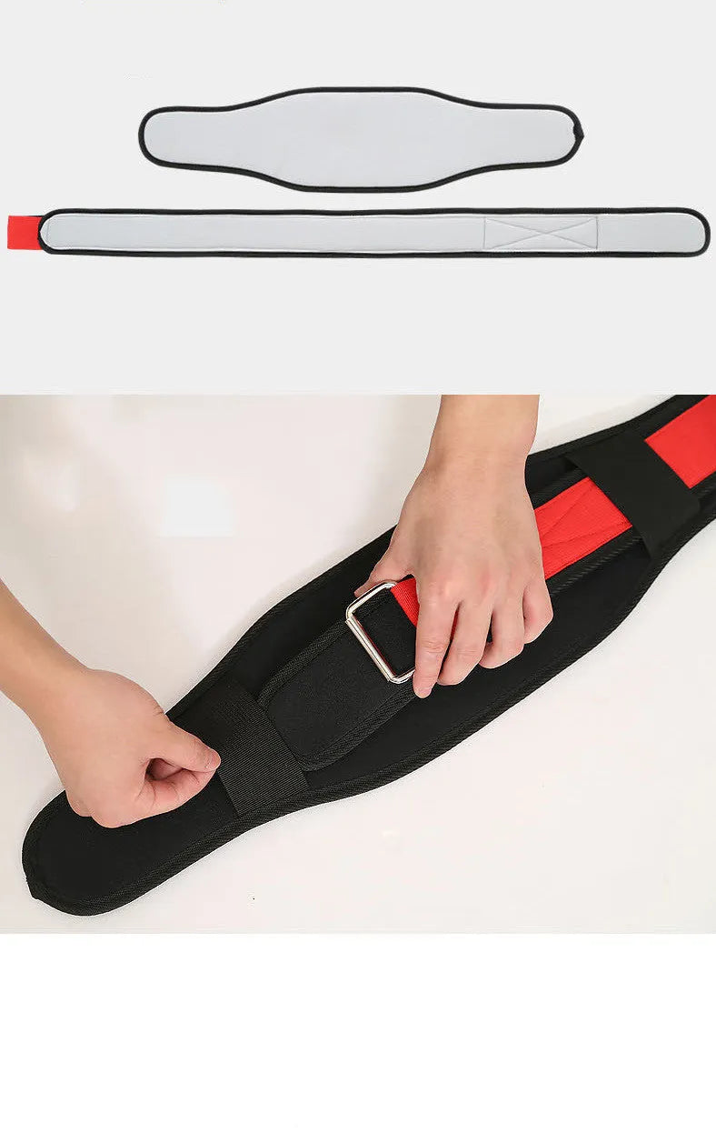 Nylon fitness weightlifting waistband for adults in black, red, or yellow on a gym background.