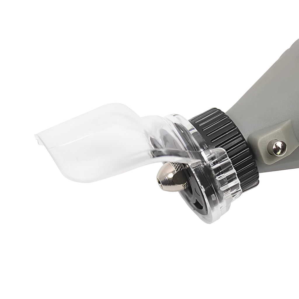 Transparent plastic face guard for Delta electric grinder with thread port.