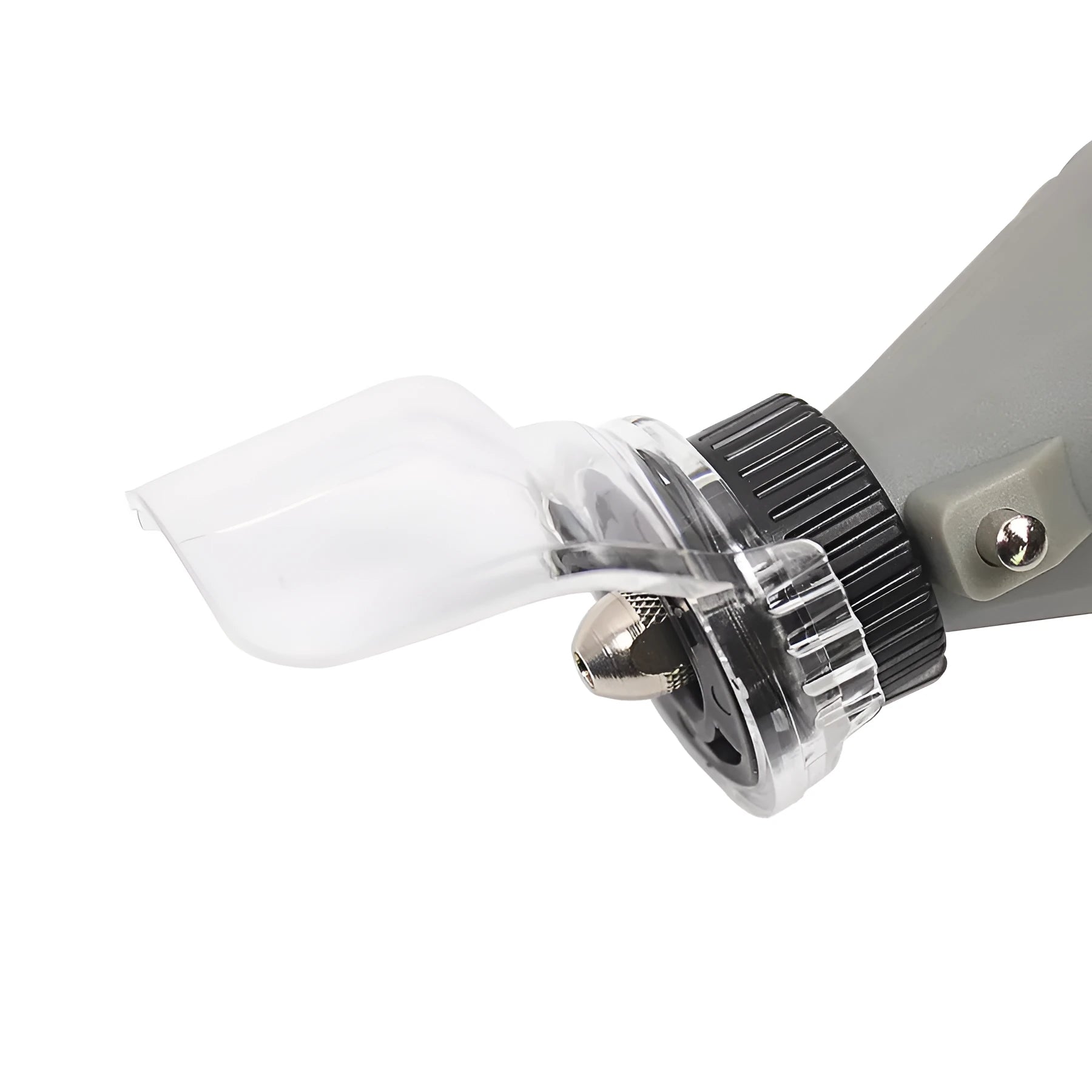 Transparent plastic face guard for Delta electric grinder with thread port.