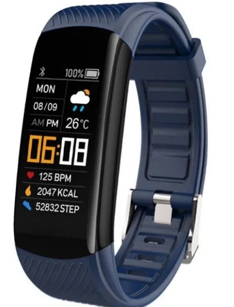 Black waterproof smart fitness tracker bracelet with 0.96-inch screen on a wrist