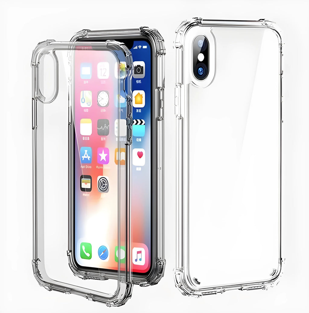 Clear transparent TPU shockproof iPhone case shown on a mobile phone.