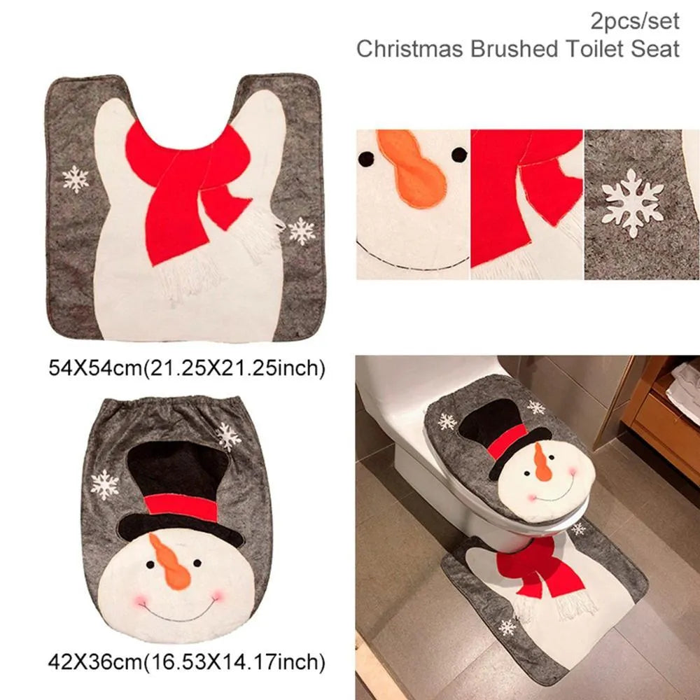 Christmas bathroom decoration set with toilet cover, floor mat and shower curtain in festive designs