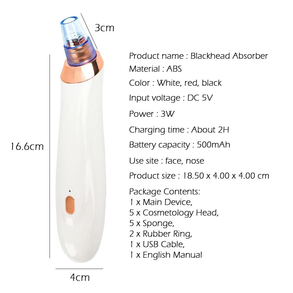 Electric blackhead remover tool with multiple nozzle attachments in black colour option
