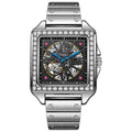 Men's square automatic watch with diamond studs on case, business style with black or white strap options.