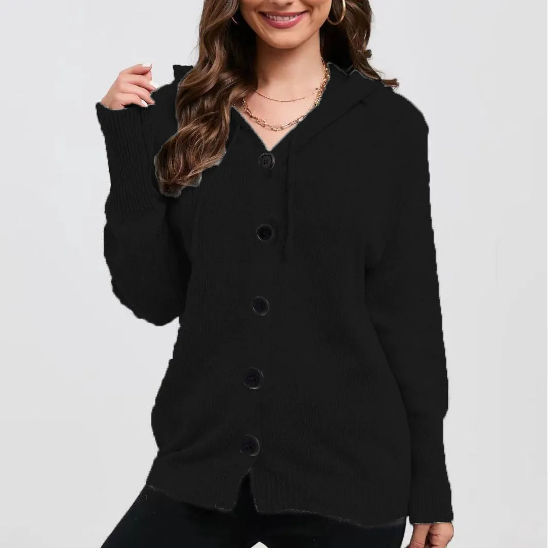 Women's loose hooded cotton sweater in a solid colour with a textured 3D pattern, shown as a cardigan.