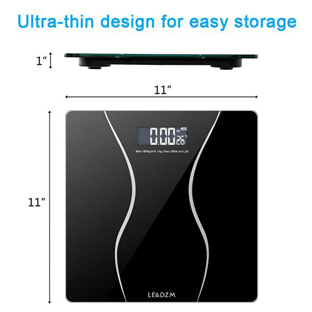 Black electronic digital bathroom scale on a bathroom floor