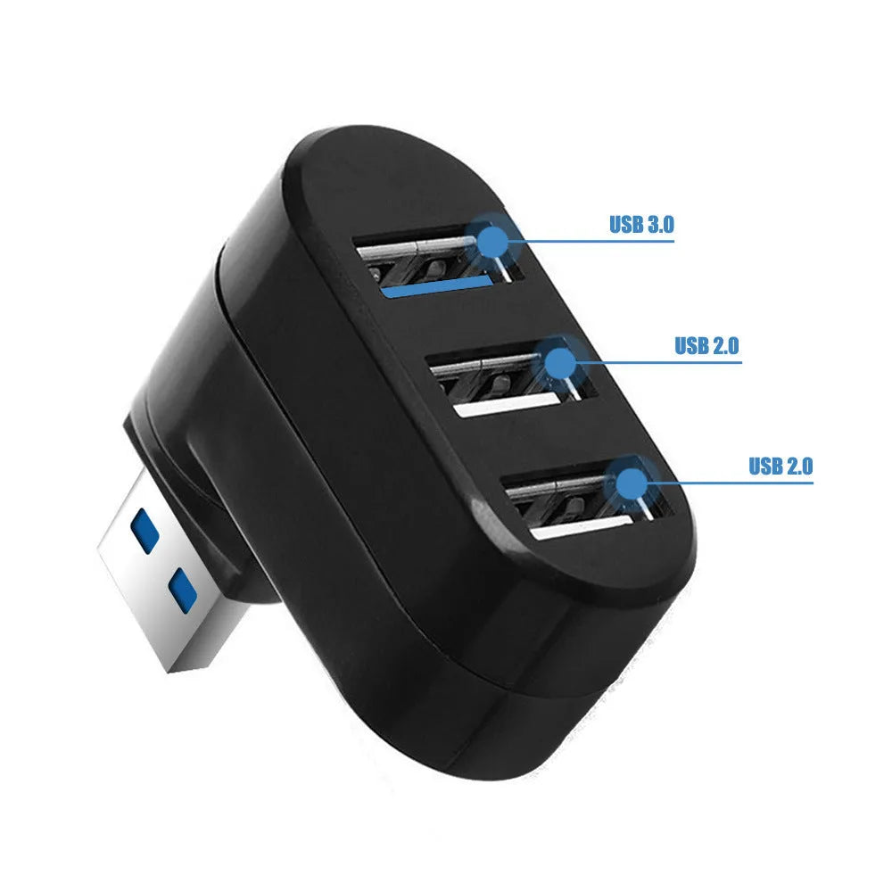 Black and white USB rotary splitter hub with four USB 3.0 ports on rotating ABS plastic body
