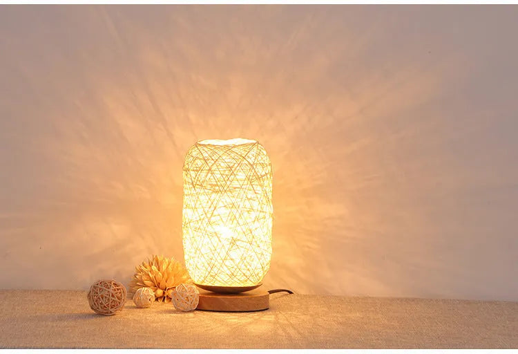 Natural hemp rope Sepak Takraw desk lamp with solid wood base and USB-powered LED light