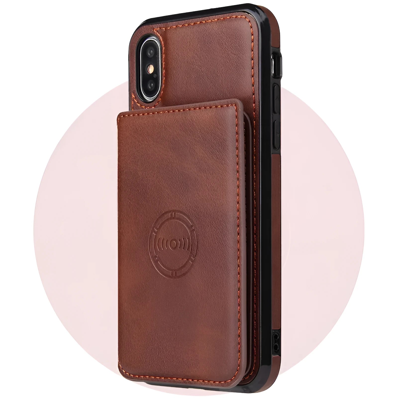 Imitation leather card wallet phone case for iPhone 11 in black, blue, brown, orange, pink, and red colour options.