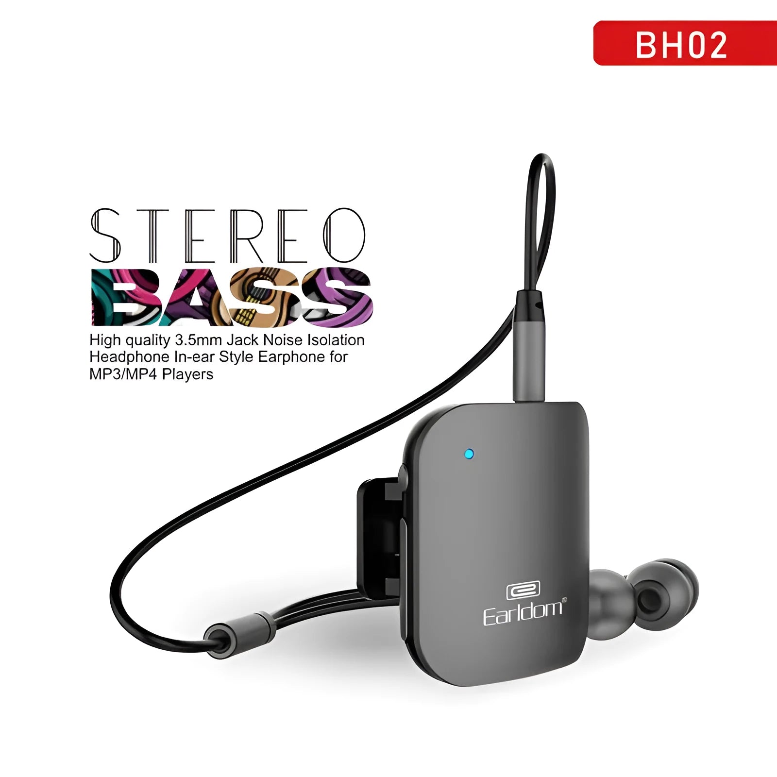 Black Bluetooth audio receiver with lavalier microphone for wireless calls and music.