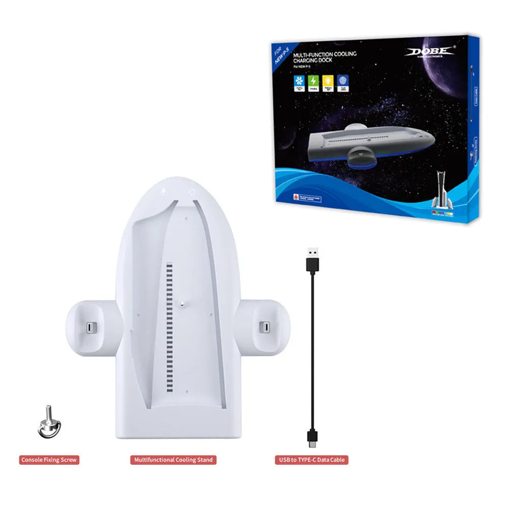 White PS5 Slim multifunction charging base with cooling fan, controller dock, and RGB lights.