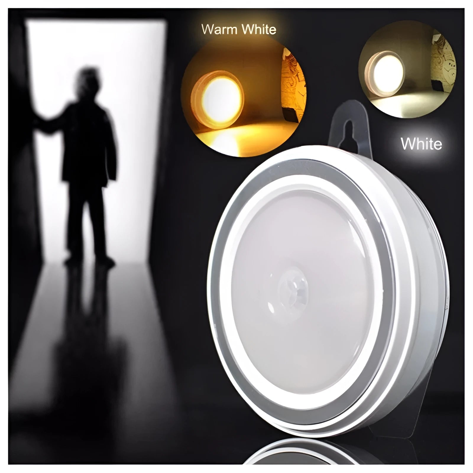 Smart battery-powered motion sensor LED light with infrared sensing on a white background.