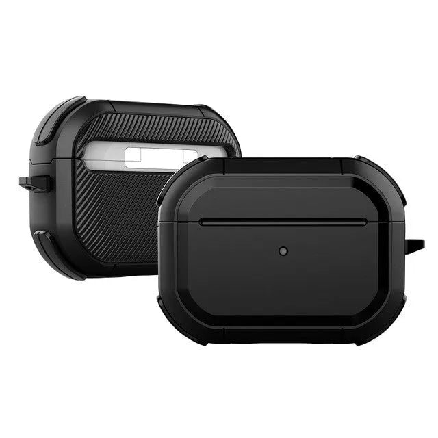 Black TPU and PC protective shell case for AirPods Pro and AirPods 1/2 generation earphones.