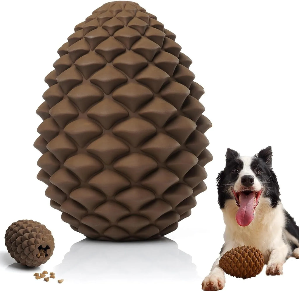 Yellow pine cone-shaped dog chew toy with textured surface and treat dispensing slot