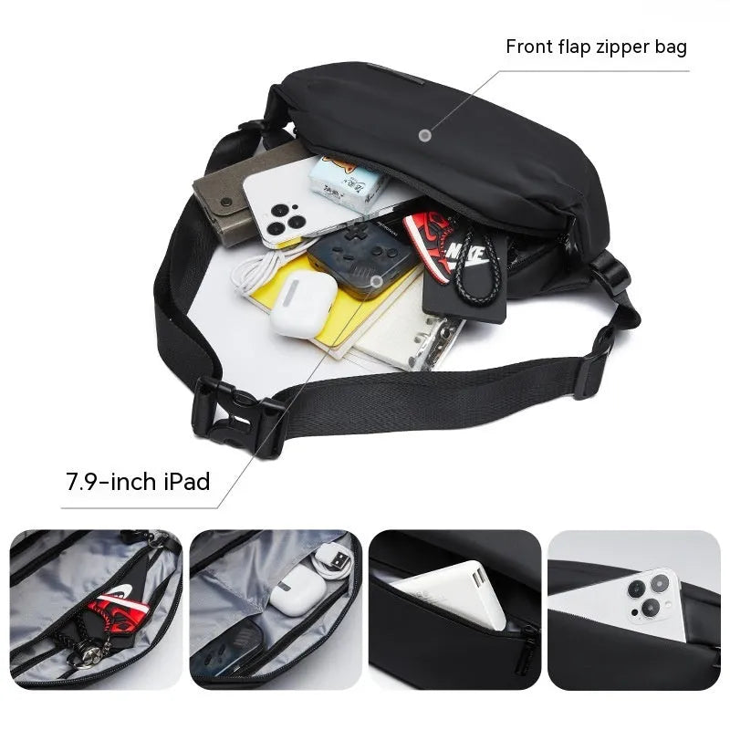 Black Oxford cloth men's messenger bag with cross-body strap and street style details