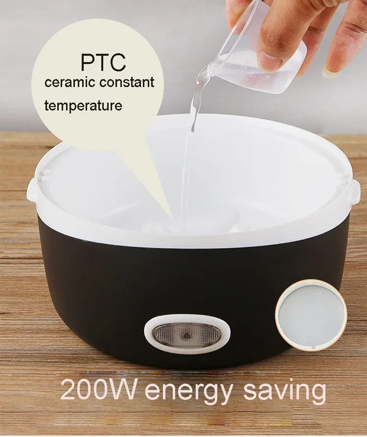 Multi-function lunch box with USB cable showing two-layer and three-layer capacity options