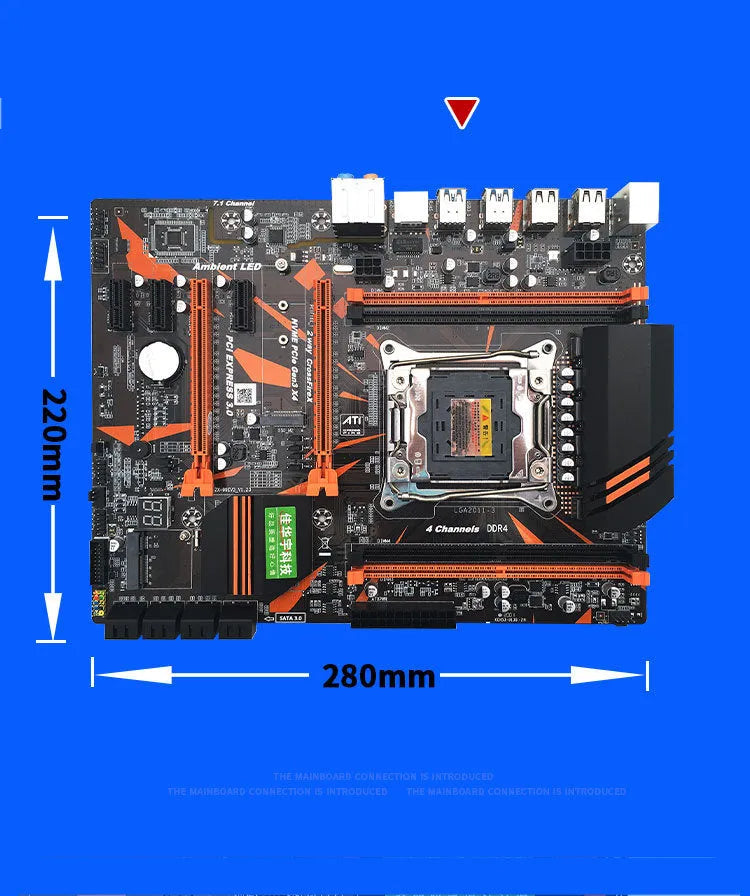 X99 motherboard with LGA2011-3 CPU socket, four DDR4 slots, dual PCI-E x16, and black PCB