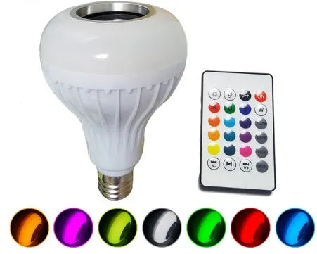 White smart LED bulb with Bluetooth speaker and remote control showing E27 screw base