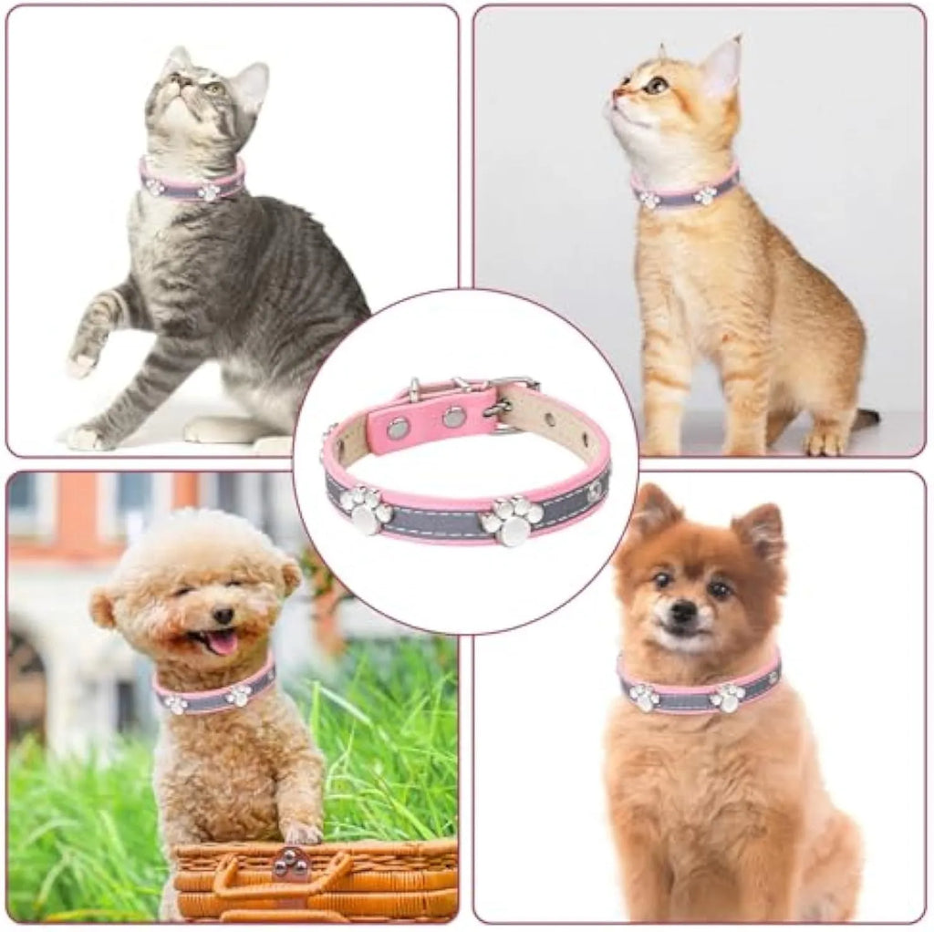 Reflective adjustable PU leather dog collar with metal buckle shown in multiple sizes.