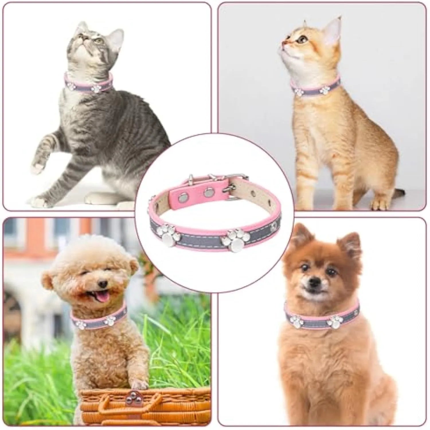 Reflective adjustable PU leather dog collar with metal buckle shown in multiple sizes.