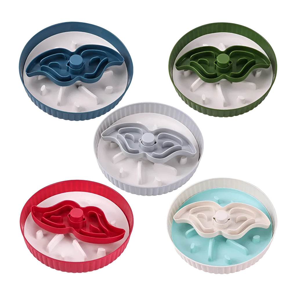 Plastic pet slow feeder bowl with a blue silicone windmill-pattern licking mat inside.