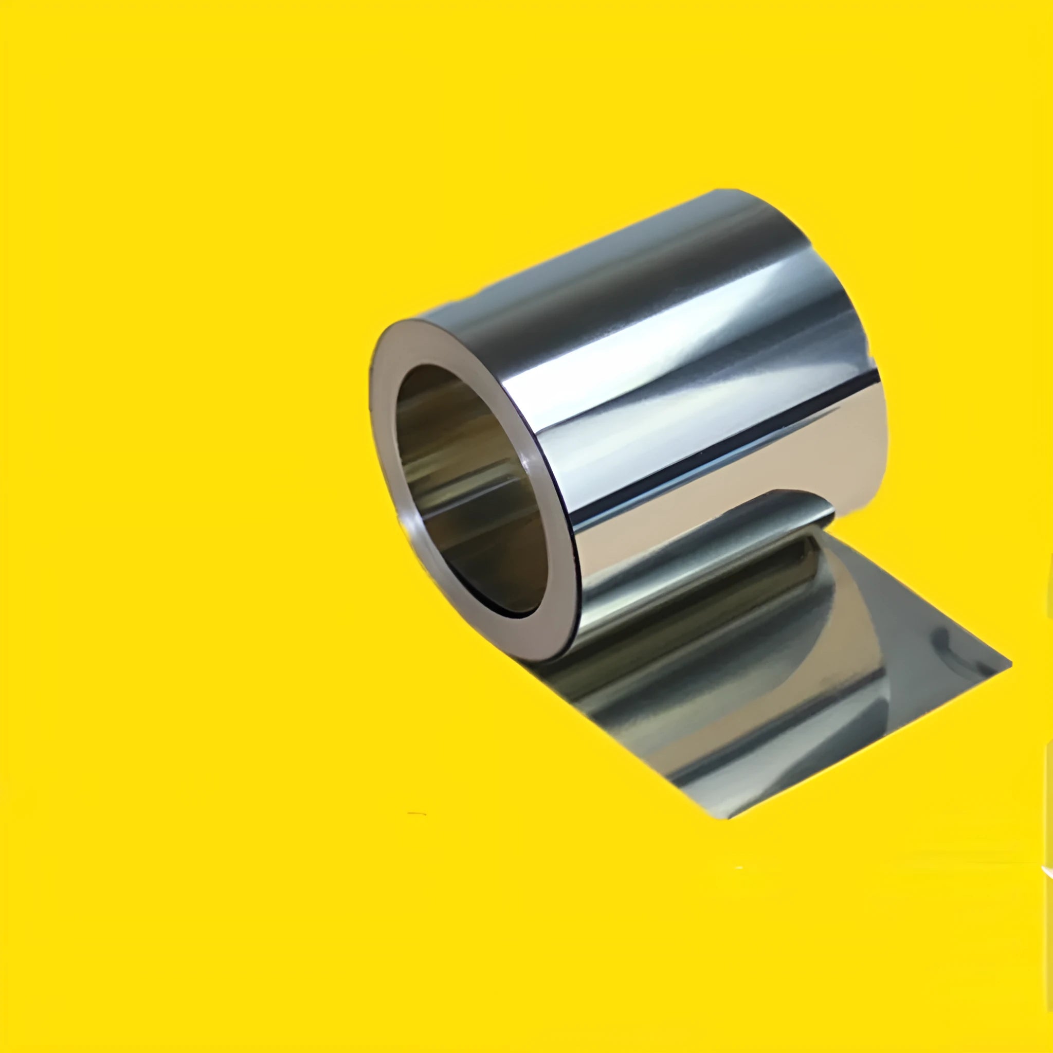 Roll of thin 304 stainless steel sheet strip with a leather backing on one side.