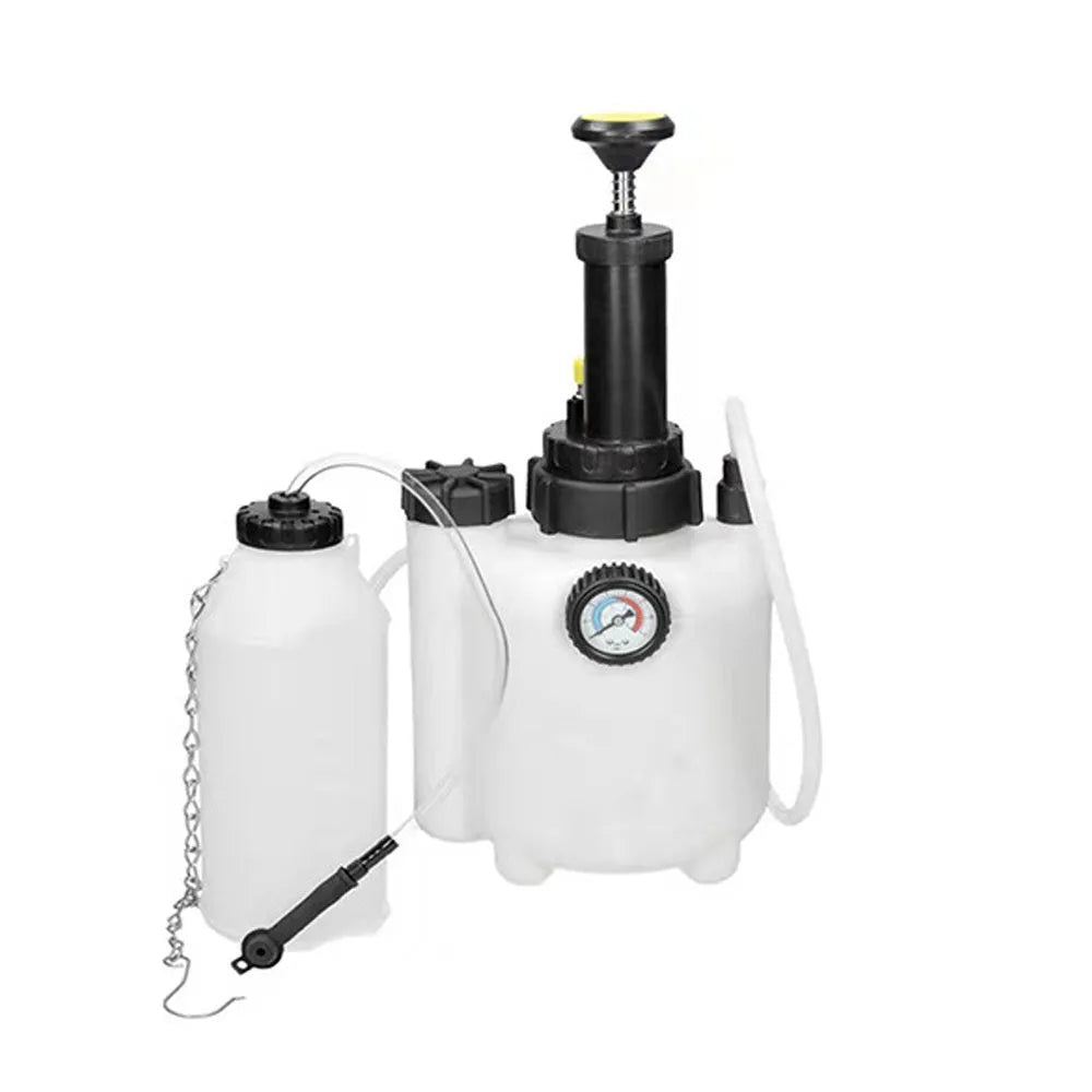 White 3-litre brake fluid bleeder kit with copper fittings and iron pump for car maintenance.