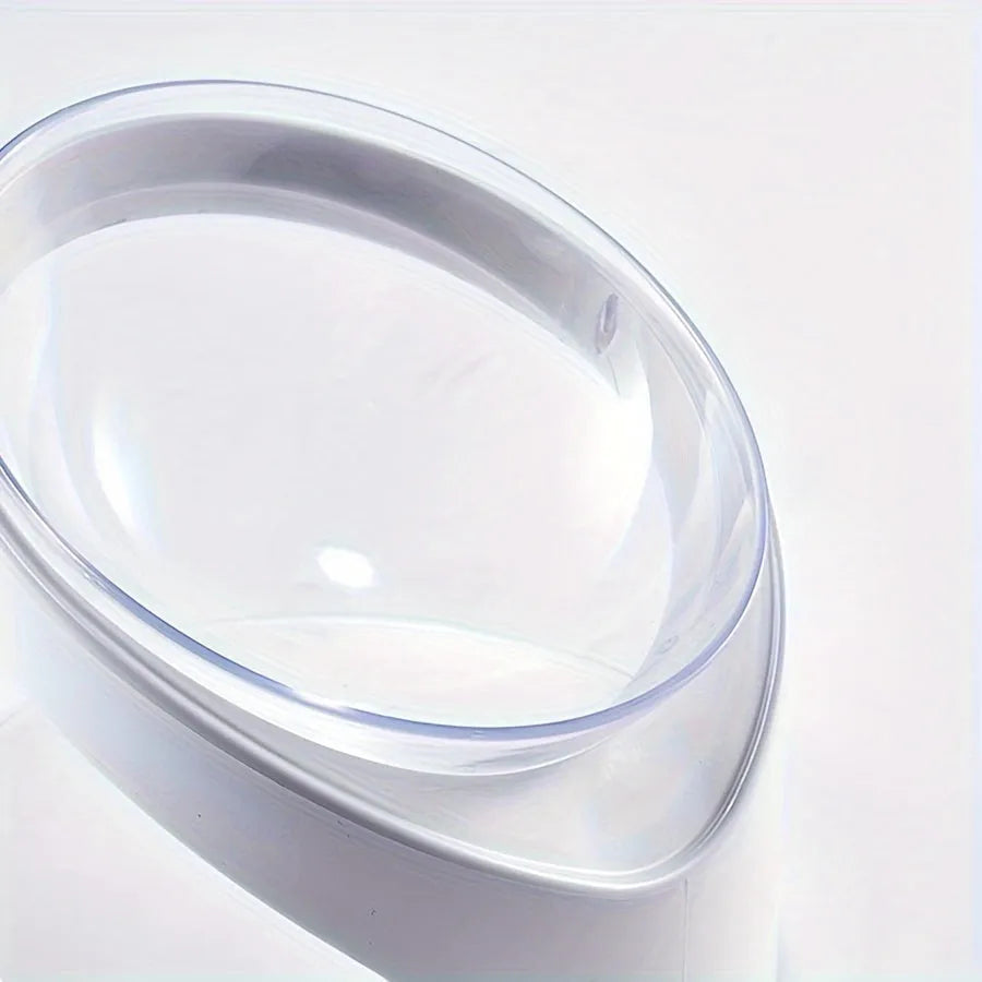 White elevated plastic cat food bowl with clear dish on a tilted stand