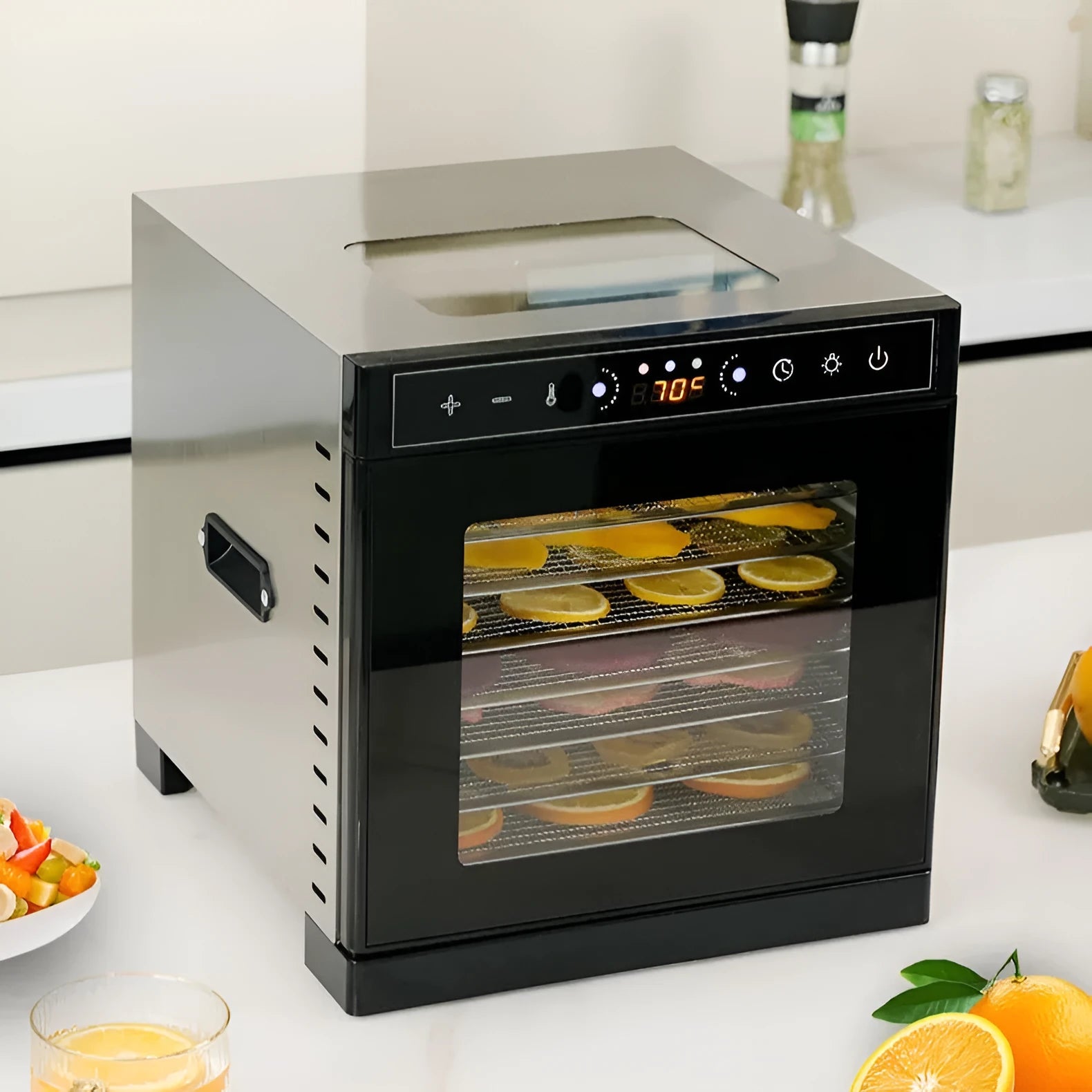 Stainless steel fruit dehydrator with visual skylight window and LED control panel