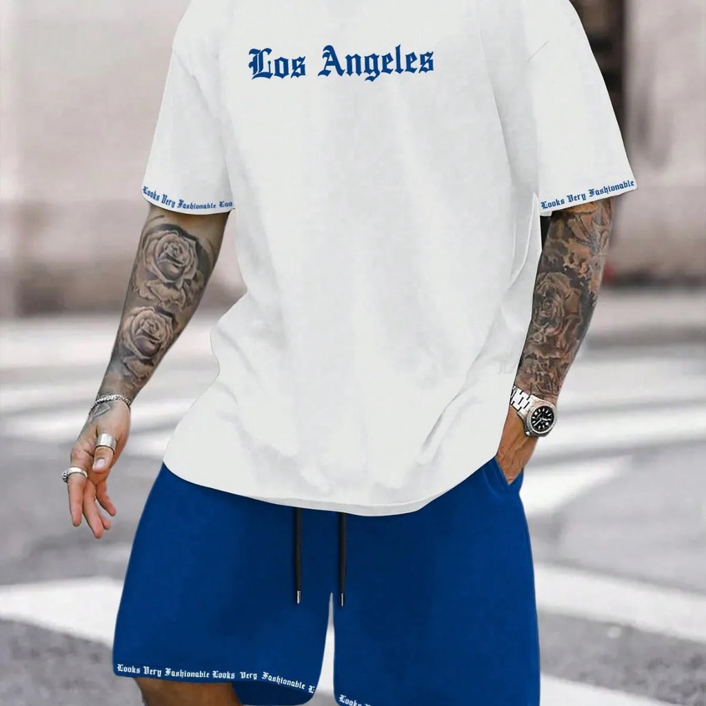 Men's printed sports shorts suit with short-sleeved top in multiple colour options